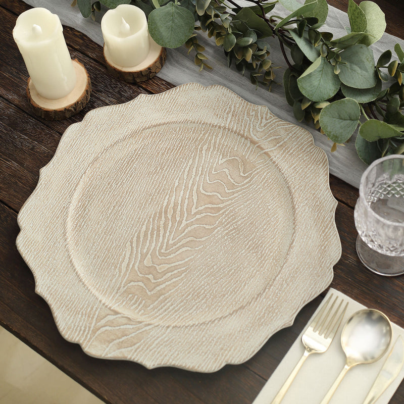 6 Pack Rustic Embossed Wood Grain Acrylic Charger Plates with Scalloped Rim 13