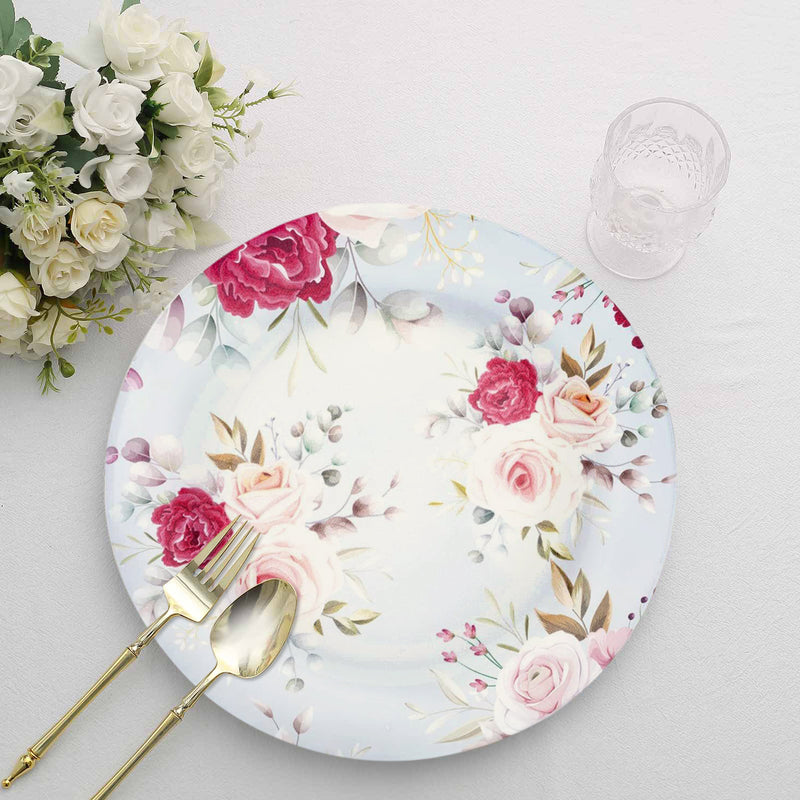 6 Pack Rose Flower Design Plastic Serving Plates, Disposable Spring Floral Print Charger Trays 13