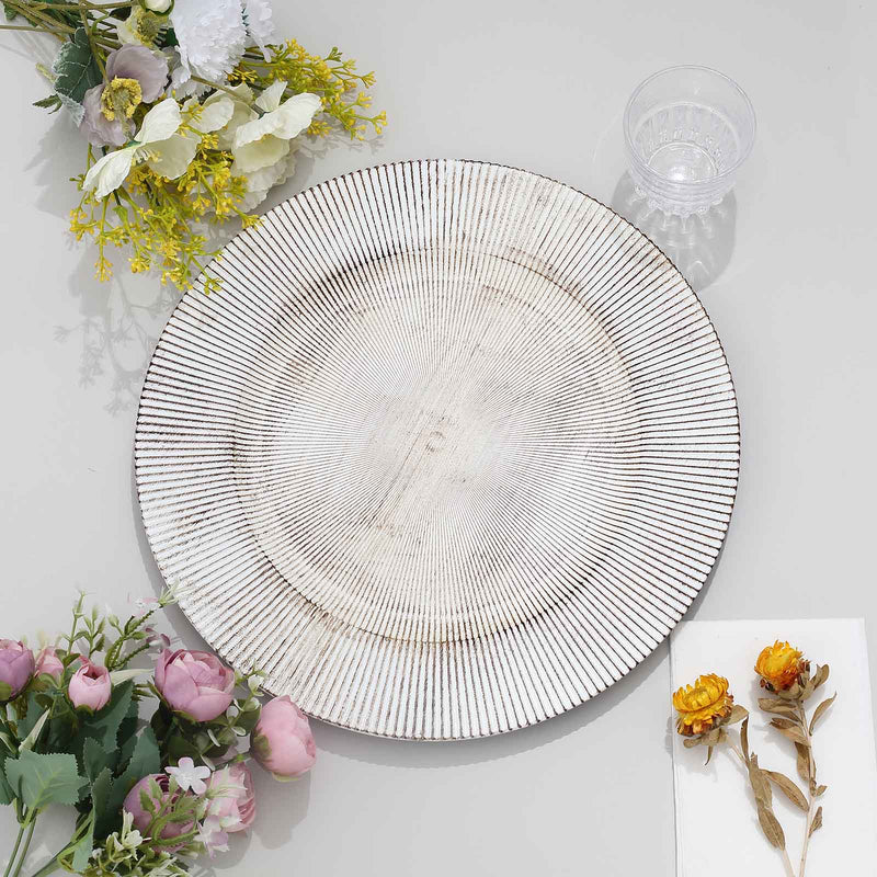 6 Pack White Washed Sunray Rim Faux Wood Plastic Charger Trays, Round Disposable Serving Plates 13