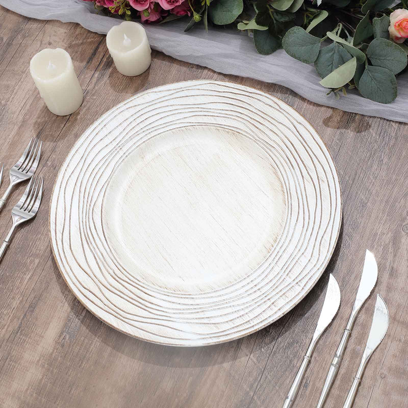 6 Pack White Washed Rose Rim Faux Wood Plastic Charger Trays, Round Disposable Serving Plates 13