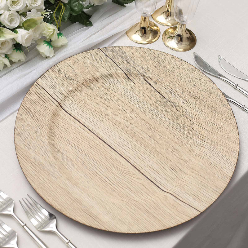 6 Pack Boho Chic Faux Wood Plastic Charger Plates, Round Rustic Service Plates 13