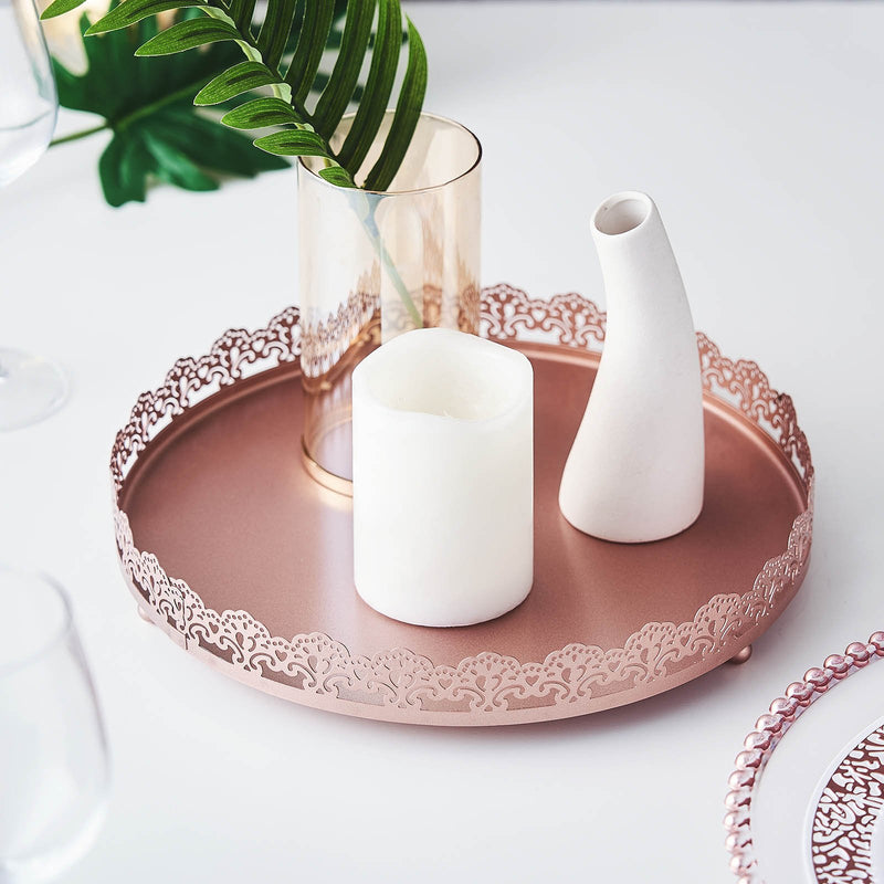 Premium Metal Decorative Vanity Serving Tray, Round With Embellished Rims 12