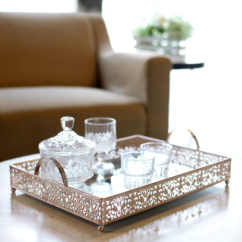 Fleur De Lis Metal Decorative Vanity Serving Tray with Handles, Rectangle Mirrored Tray - 16