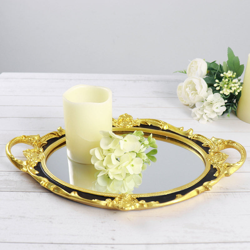 Metallic Oval Resin Decorative Vanity Serving Tray, Mirrored Tray with Handles - 14