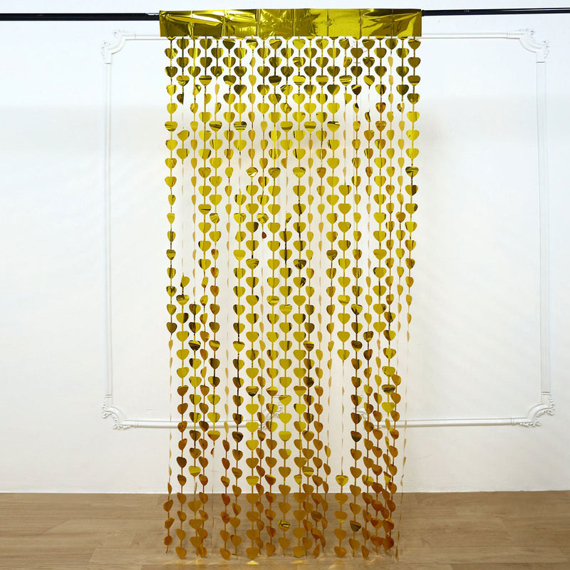 Heart Chain Foil Fringe Curtain Backdrop, Metallic Tinsel Streamer Decor - Door Window Foil Curtain - 3ftx6.5ft