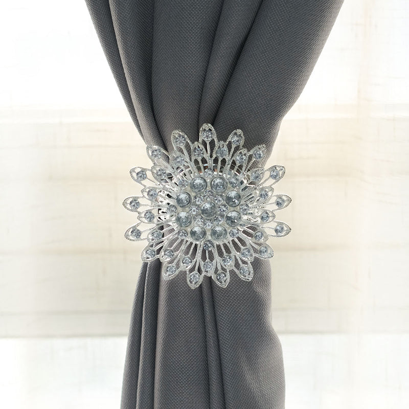 2 Pack Crystal Flower Magnetic Backdrop Curtain Tie Backs, Metallic Window Drapery Panel Buckle Clips 4