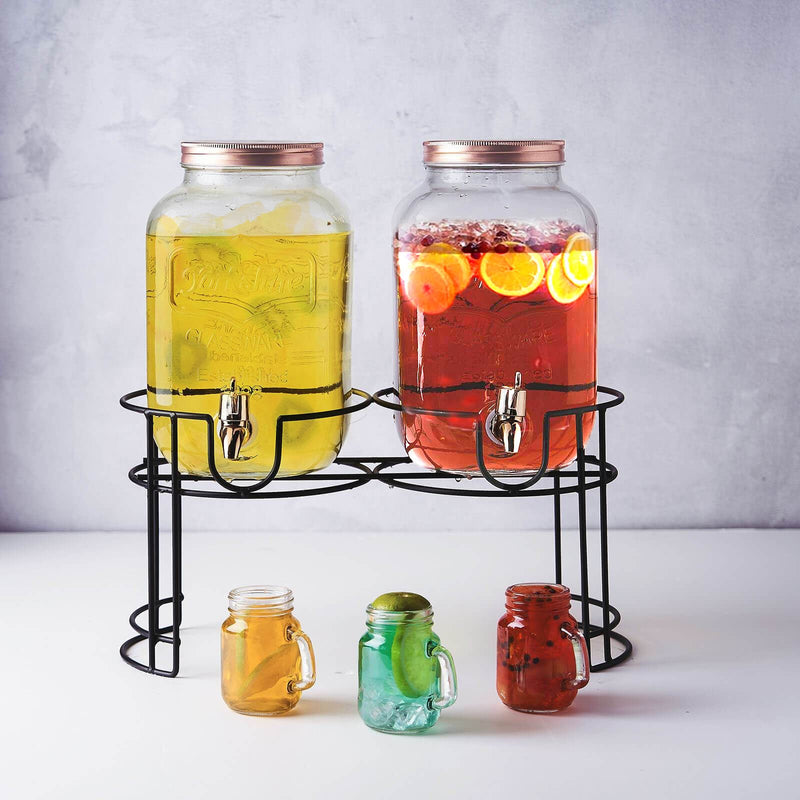 2 Pack Clear Dual Gallon Glass Beverage Dispenser Stand With Metal Lids, Juice Jars With Spigot Included