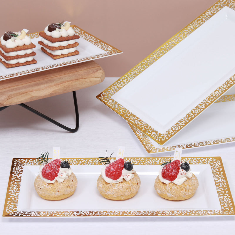 4 Pack Gold Lace Print & White Rectangular Plastic Serving Trays, Decorative Coffee Table Trays 14