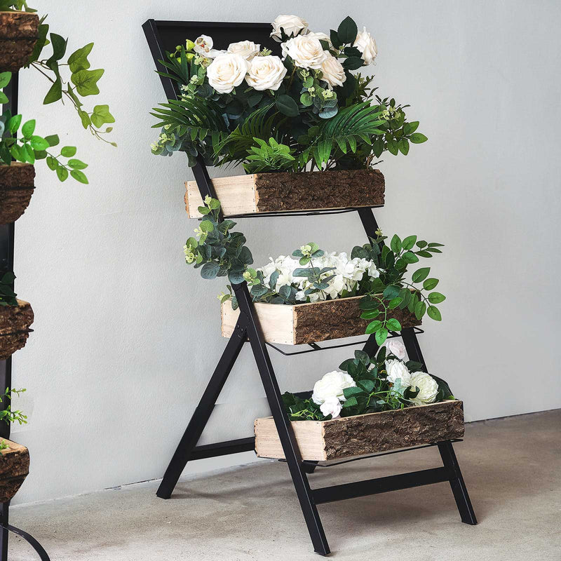 3-Tier Metal Ladder Plant Stand With Natural Wooden Log Planters 42