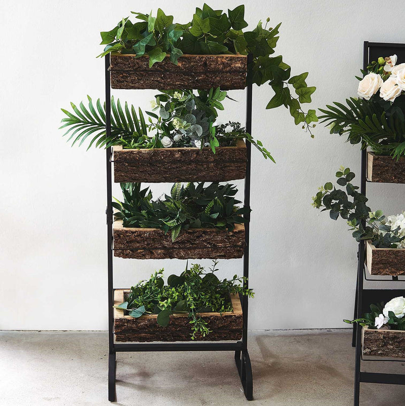 4-Tier Metal Ladder Plant Stand With Natural Wooden Log Planters 42