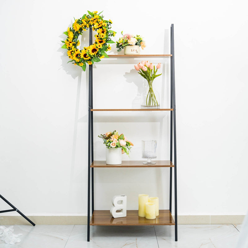 4-Tier Metal Leaning Ladder Bookshelf Stand With Natural Wood Racks 5ft