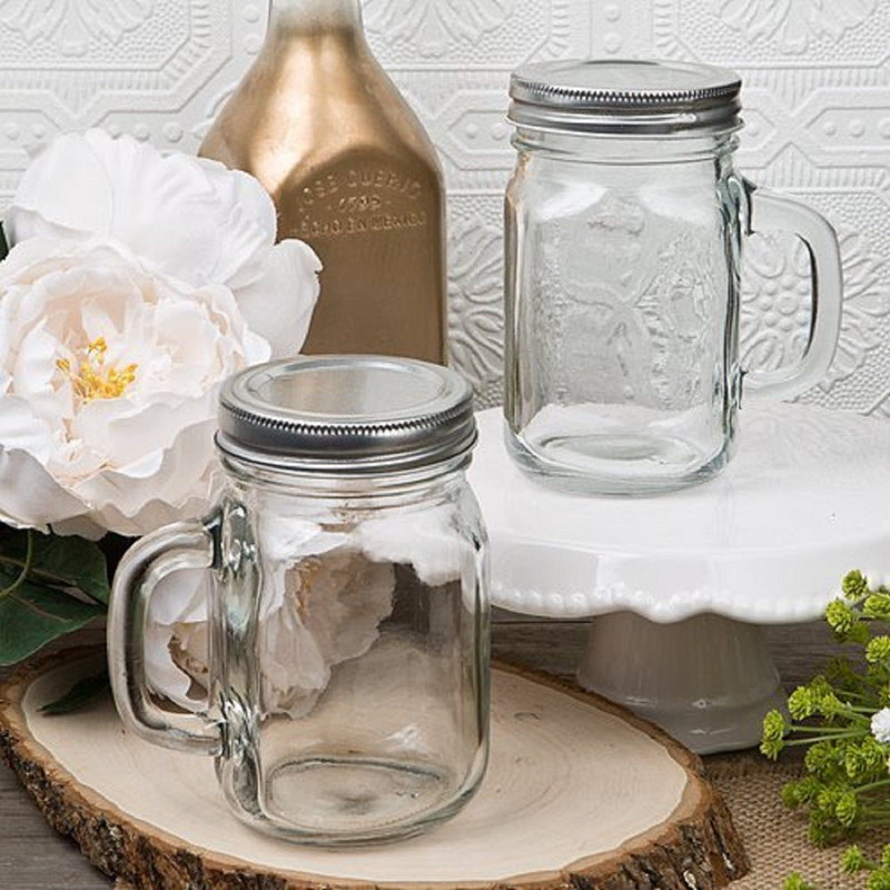12 Pack Rustic Clear Glass Mason Jars With Handles & Silver Screw On Lids 4oz