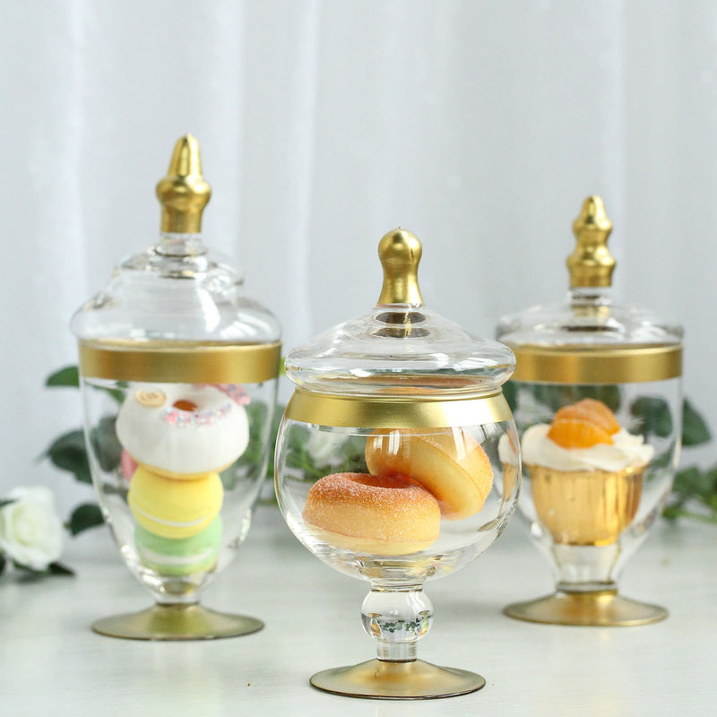 Set of 3 Gold Trim Clear Glass Apothecary Candy Jars With Snap On Lids 9