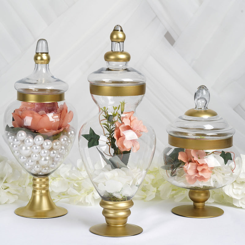 Set of 3 Large Gold Trim Glass Apothecary Candy Jars With Snap On Lids 10