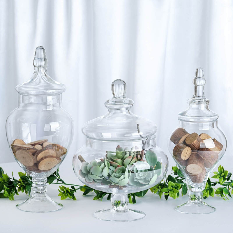 Set of 3 Clear Glass Pedestal Apothecary Candy Jars With Snap On Lids 10