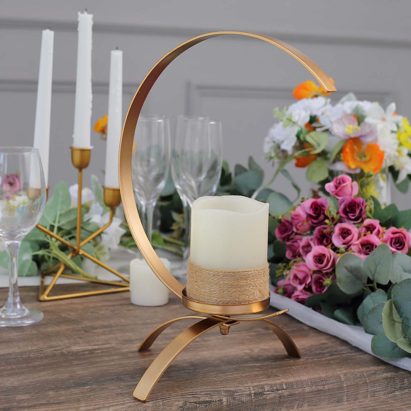 Gold Moon Shaped Metal Pillar Candle Holder Centerpiece, Tealight Hurricane Candlestick Stand 13