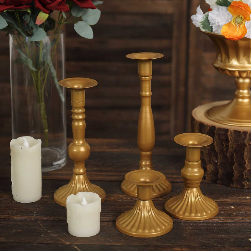 Set Of 4 | Gold Baroque Metal Taper Candle Holder Centerpieces, Vintage Candlestick Stands - 9