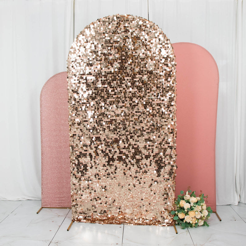 Set of 3 | Blush / Rose Gold Round Top Fitted Backdrop Stand Covers, Big Payette Sequin, Shimmer Tinsel and Matte Spandex Chiara Arch Frame Covers