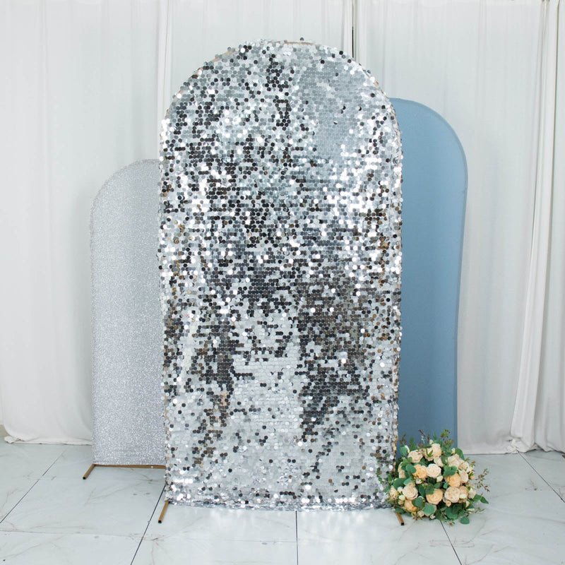 Set of 3 | Dusty Blue / Silver Round Top Fitted Backdrop Stand Covers, Big Payette Sequin, Shimmer Tinsel and Matte Spandex Chiara Arch Frame Covers