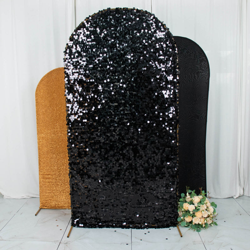 Set of 3 | Black / Gold Round Top Fitted Backdrop Stand Covers, Big Payette Sequin, Shimmer Tinsel and Matte Spandex Chiara Arch Frame Covers
