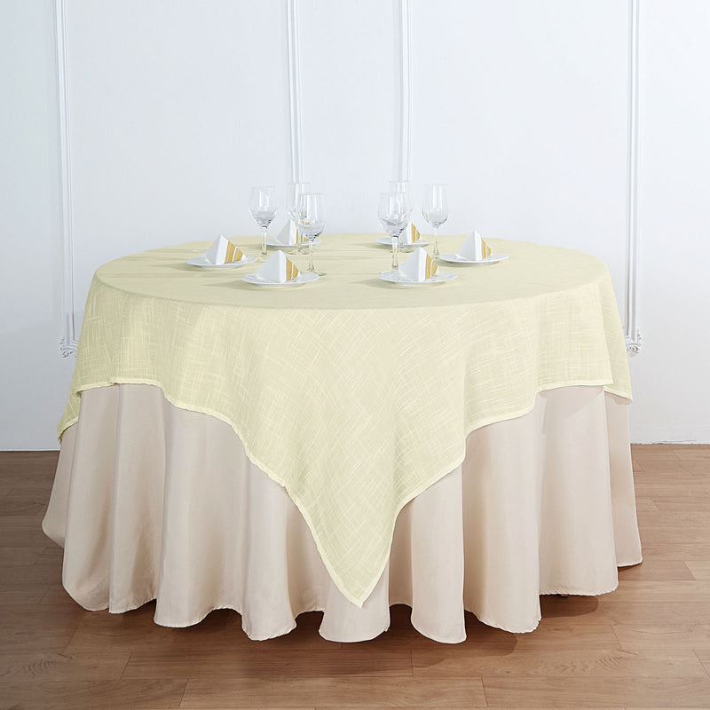 Ivory Slubby Textured Linen Square Table Overlay, Wrinkle Resistant Polyester Tablecloth Topper 72
