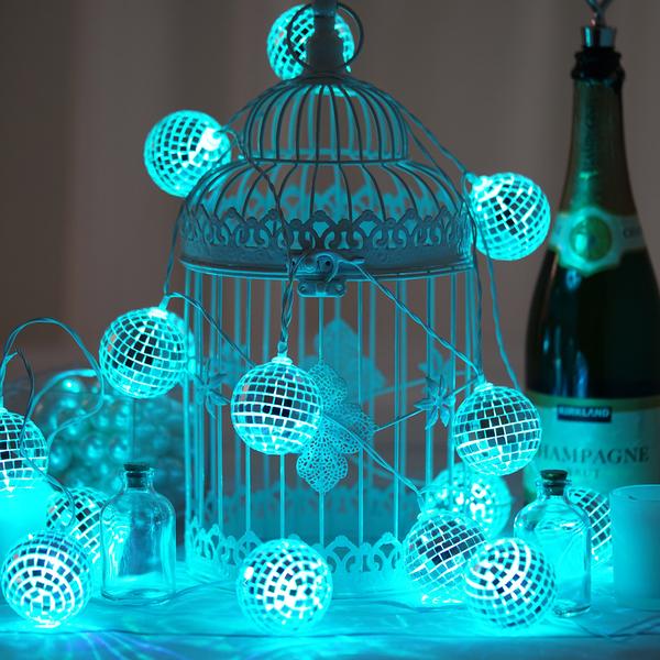 Silver Disco Mirror Ball Battery Operated 10 LED String Light Garland 6ft