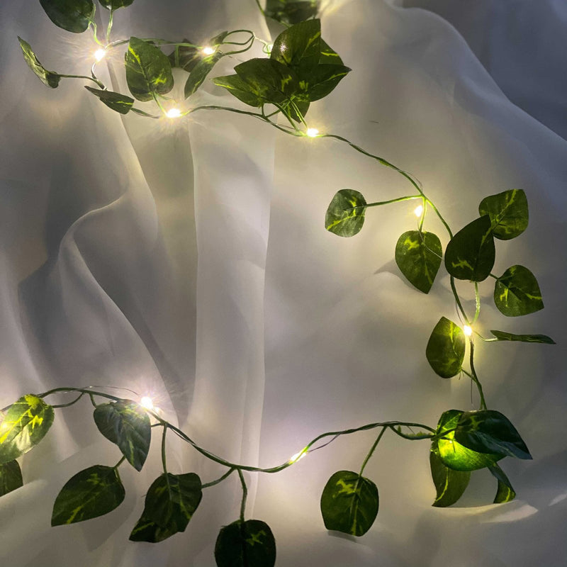 Warm White 20 LED Green Leaf Garland Vine Lights, Battery Operated Artificial Arrowroot String Lights 7ft