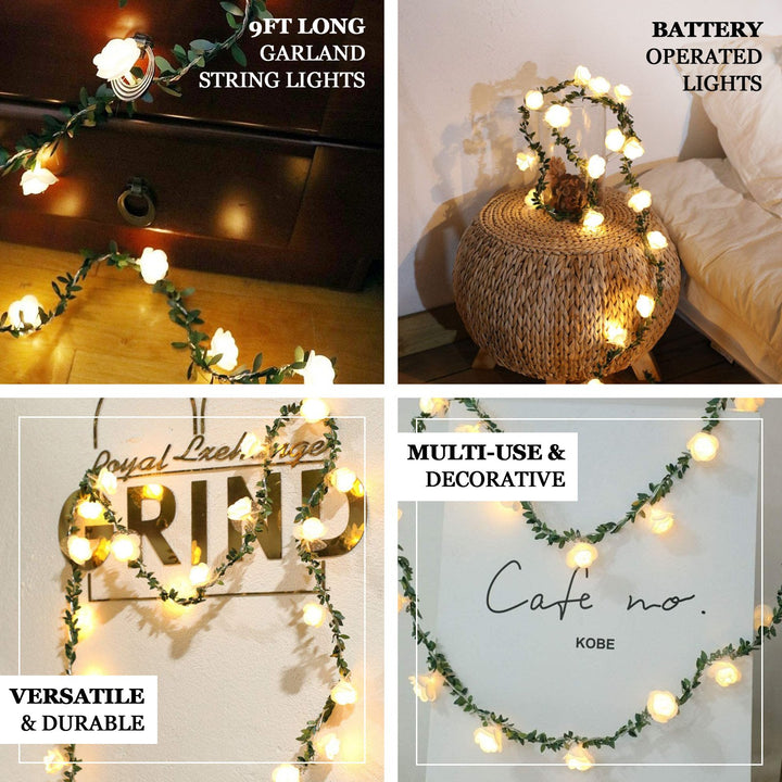 White Foam Rose Lace Garland with Fairy Lights eHomemart