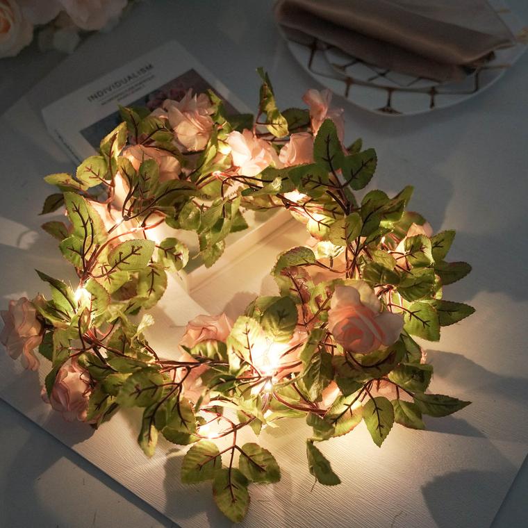 20 LED Silk Rose Flower Garland Vine String Lights, Warm White Battery Operated 7ft