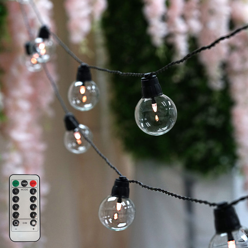 Warm White Outdoor / Indoor 8-Mode Dimmable String LED Lights, Waterproof Remote Operated With 25 Clear Bulbs 26ft