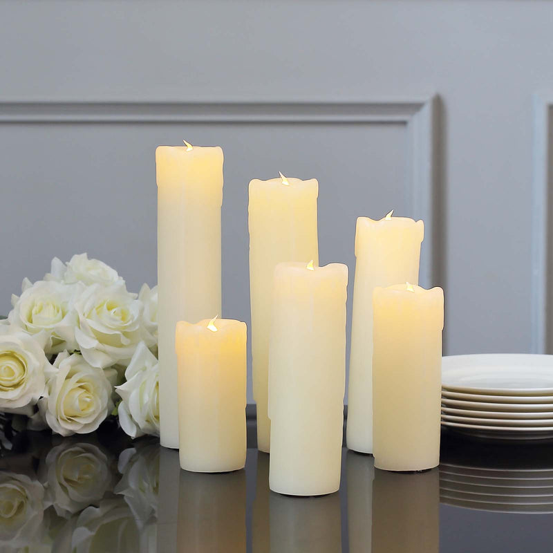 Set of 6 | Warm White LED Wax Pillar Candles, Flameless Flicker Battery Operated Drip Luminaria Holiday Candles