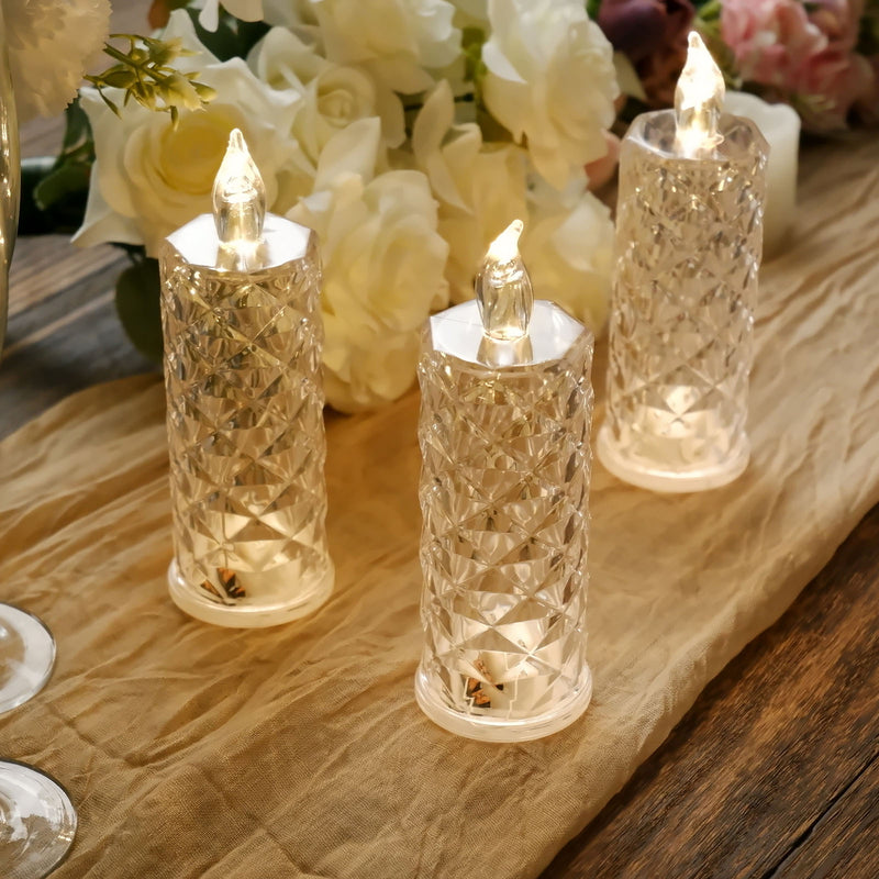 3 Pack Warm White LED Pillar Candle Lamps, Flameless Battery Operated Candle Lights Rose Halo Acrylic Diamond Pattern 6