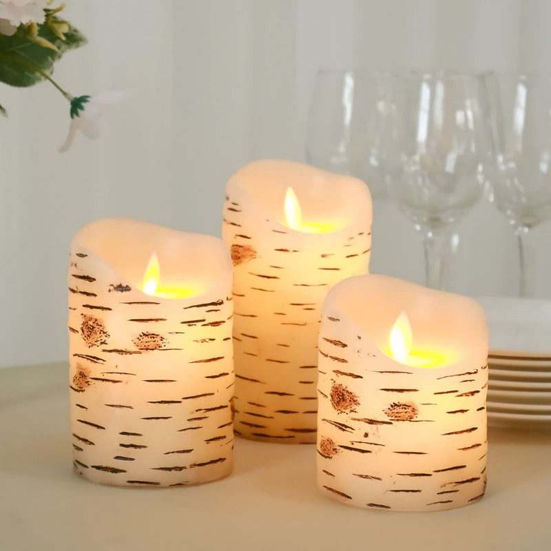 Set of 3 Warm White LED Pillar Candles, Flameless Flicker Battery Operated Candles With Remote Control Burnt Birch Bark Design