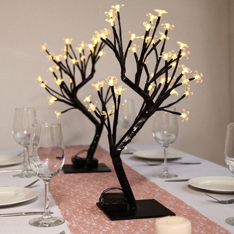 2 Pack | 36 Warm White LEDs Black Cherry Blossom Tree Centerpieces, Battery Operated Lights