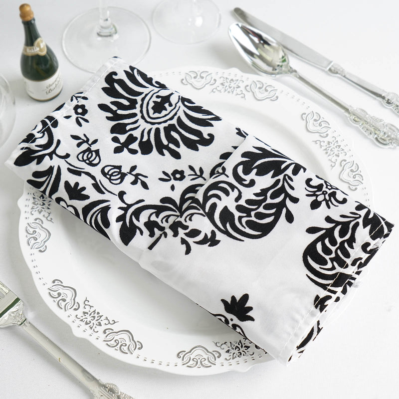 5 Pack | Black/White Damask Flocking Cloth Dinner Napkins, Reusable Linen | 20