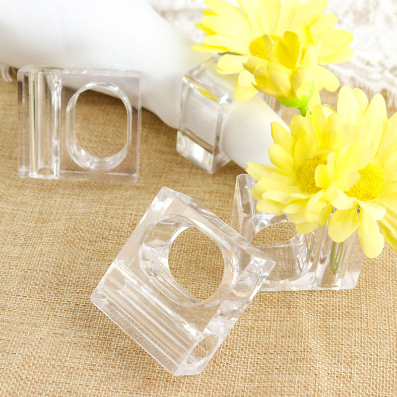 4 Pack Clear Acrylic Square Mini Bud Vase Napkin Rings, 2-in-1 Flower Napkin Holders