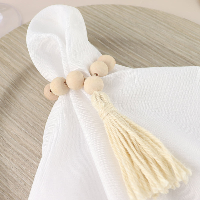 4 Pack Cream Farmhouse Country Wood Bead Napkin Rings With Tassels, Rustic Boho Chic Napkin Holders 6