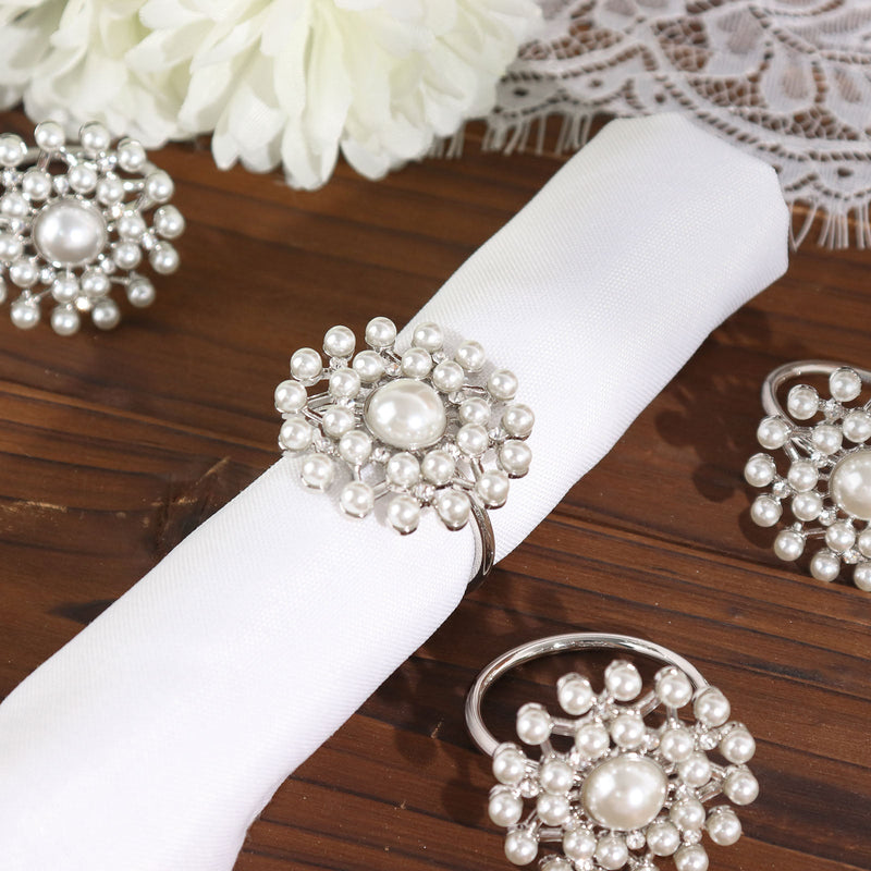 4 Pack Pearl And Diamond Rhinestone Silver Metal Napkin Rings, Decorative Napkin Buckle Holders