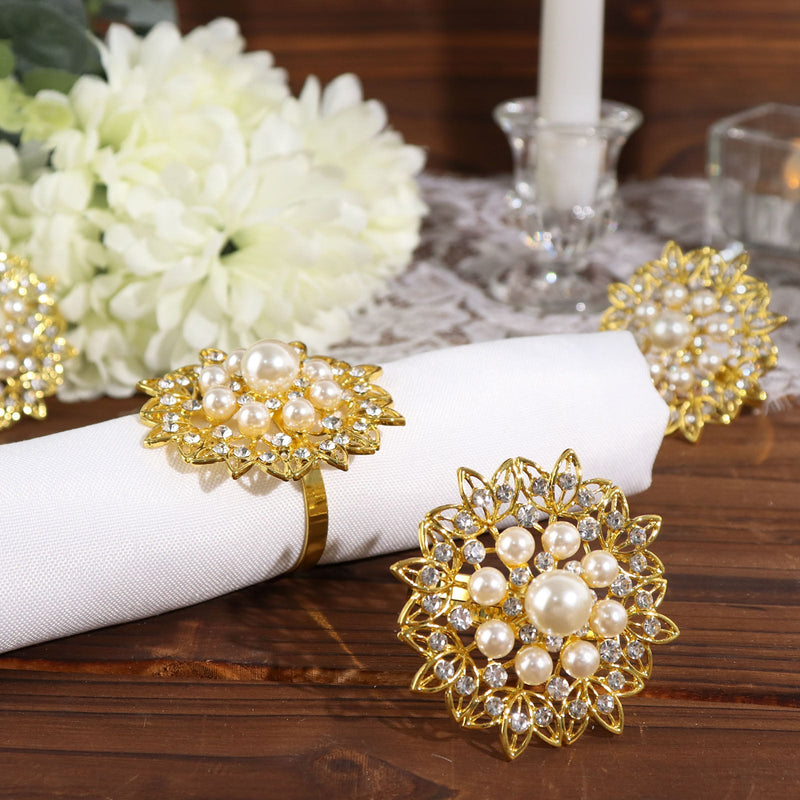 4 Pack Pearl And Diamond Rhinestone Flower Metal Napkin Rings, Decorative Napkin Buckle Holders