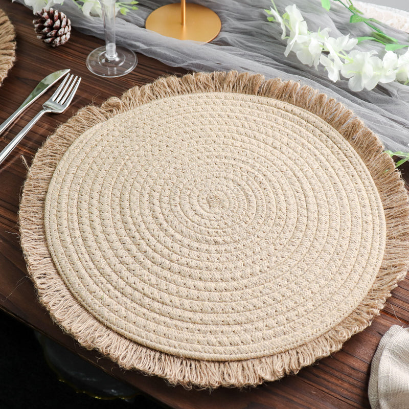 4 Pack Natural Rustic Burlap Jute Placemats Fringed Edges, Farmhouse Placemats with Trim 15