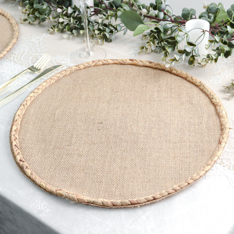 4 Pack Natural Rustic Burlap Jute Placemats Braided Edges, Farmhouse Placemats with Trim 15
