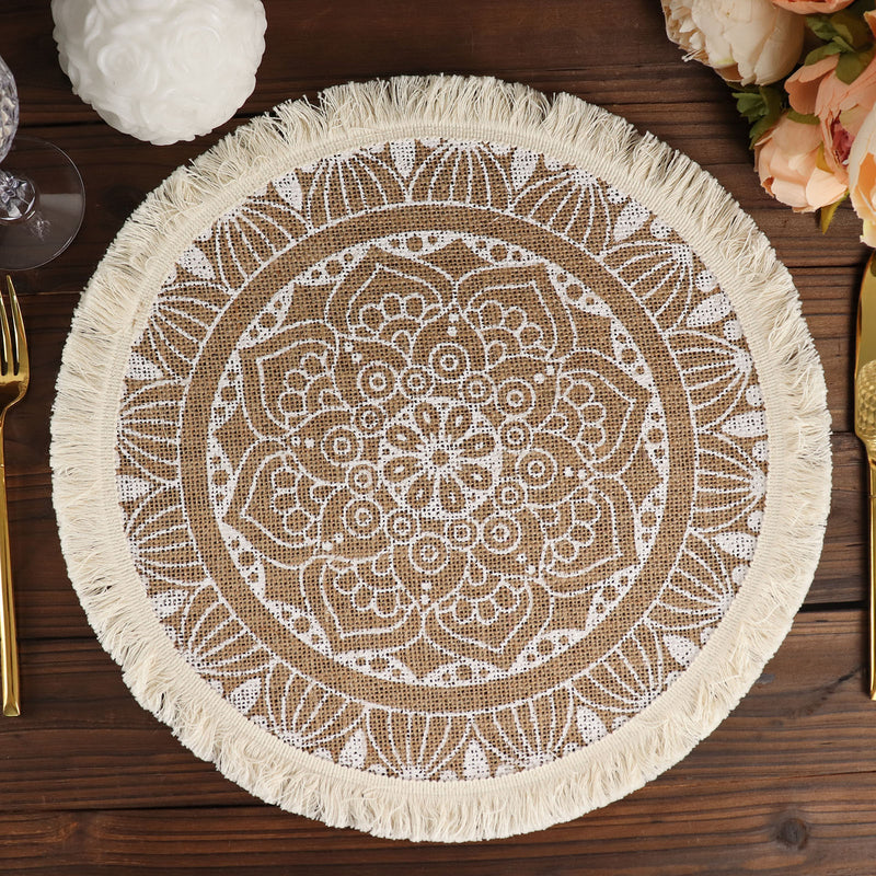 4 Pack Natural Jute & White Mandala Print Fringe Placemats, Rustic Round Woven Burlap Tassel Table Mats 15