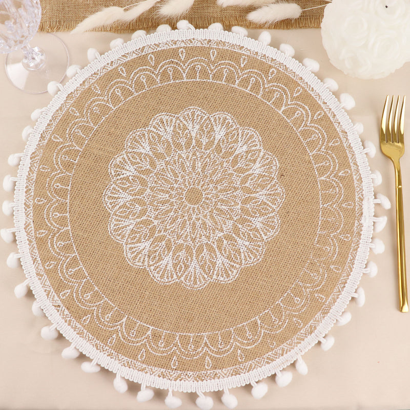 4 Pack Natural Jute and White Embroidery Mandala Print Placemats, Rustic Round Woven Burlap Tassel Table Mats With Beaded Edges 15