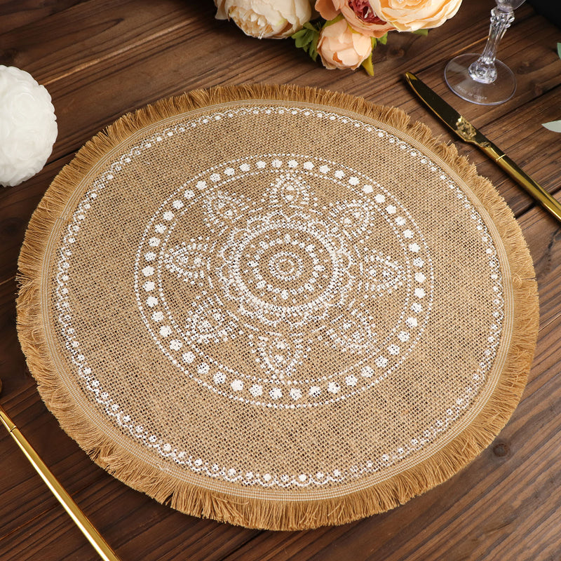 4 Pack Natural Jute Fringe White Embroidery Print Placemats, Rustic Round Woven Burlap Tassel Table Mats 15