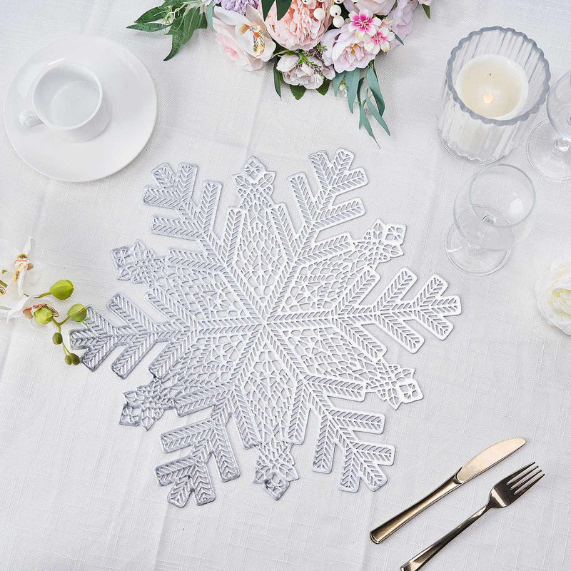 6 Pack Silver Vinyl Placemats, Metallic Snowflake Non-Slip Winter Wonderland Table Mats 18