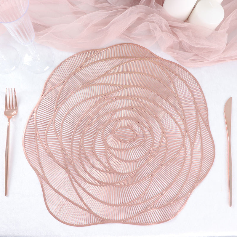 6 Pack Vinyl Placemats, Metallic Round Washable Rose Flower Non Slip Dining Table Mats 15