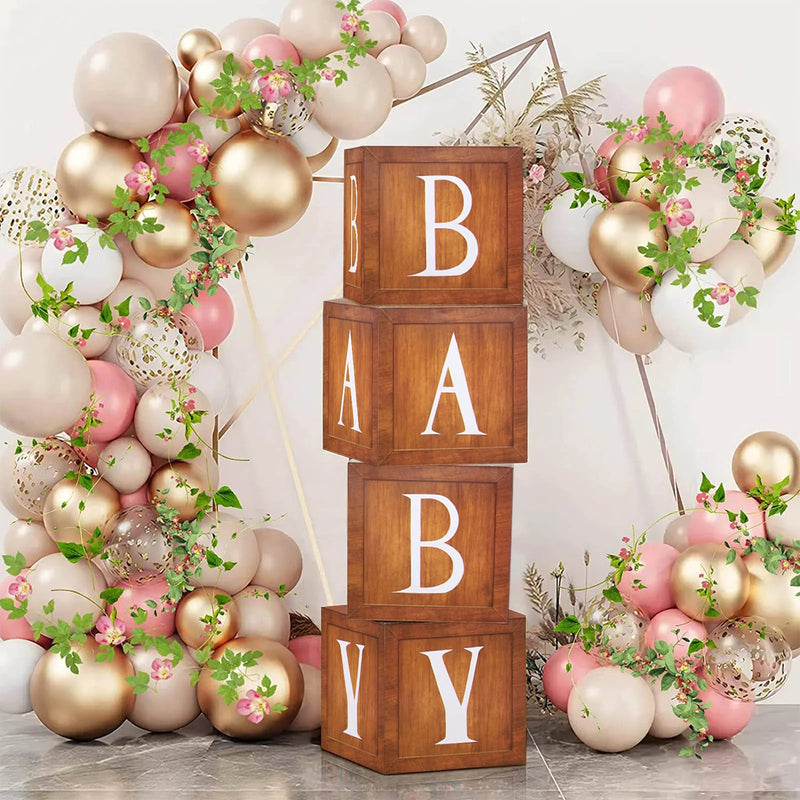 4 Pack Wood Grain Brown Gender Neutral DIY Prop Balloon Boxes, Boho Design Baby Shower Home Decorations