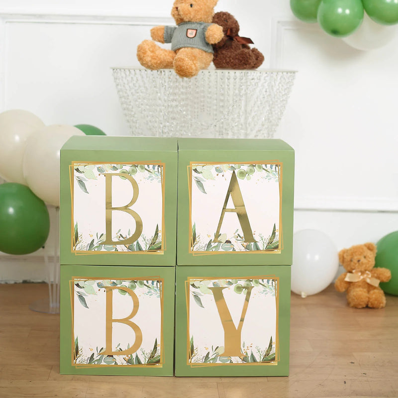 4 Pack Green Foliage Leaves Gender Neutral DIY Prop Balloon Boxes, Boho Design Baby Shower Home Decorations