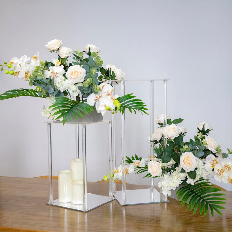 Clear Acrylic Floor Vase Flower Stands With Square Mirror Base, Pedestal Columns