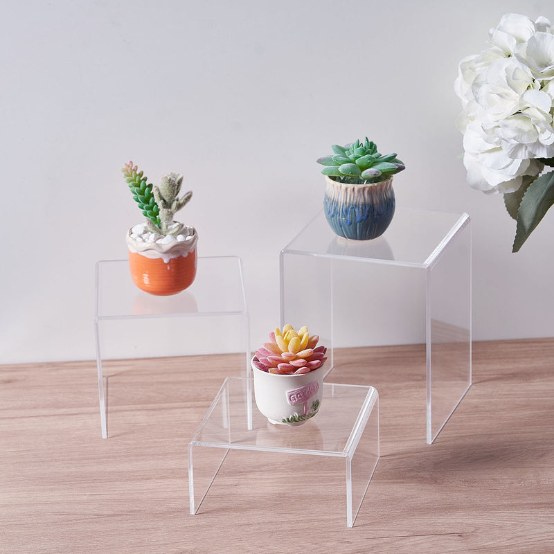 Set of 4 Clear Acrylic Shelf Riser Set, Plastic Display Stands - Assorted Size